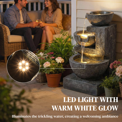 3-Tier Outdoor Water Fountain, Garden Waterfall Fountain with LED Lights and Pump, Indoor Freestanding Resin Waterfall
