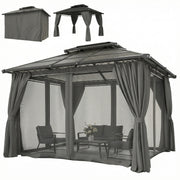 10' x 12' Outdoor Gazebo Canopy, Double Roof Hardtop Gazebo with Polycarbonate Roof, Steel Frame, Nettings and Curtains