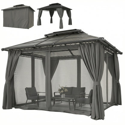 10' x 12' Outdoor Gazebo Canopy, Double Roof Hardtop Gazebo with Polycarbonate Roof, Steel Frame, Nettings and Curtains