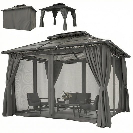 10' x 12' Outdoor Gazebo Canopy, Double Roof Hardtop Gazebo with Polycarbonate Roof, Steel Frame, Nettings and Curtains