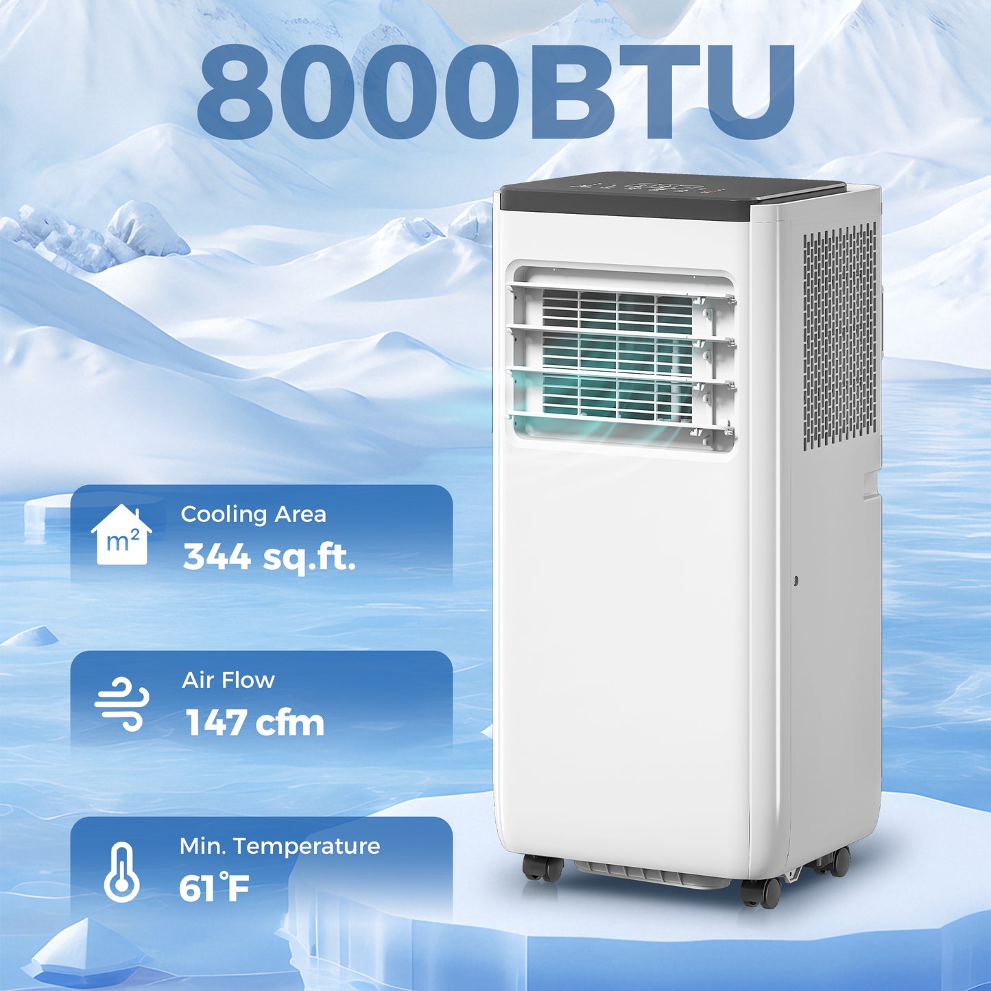 8000 BTU Portable 4-in-1 Air Conditioner with Cool, Dehumidifier, Fan, Sleep, WiFi Voice Remote Control, White