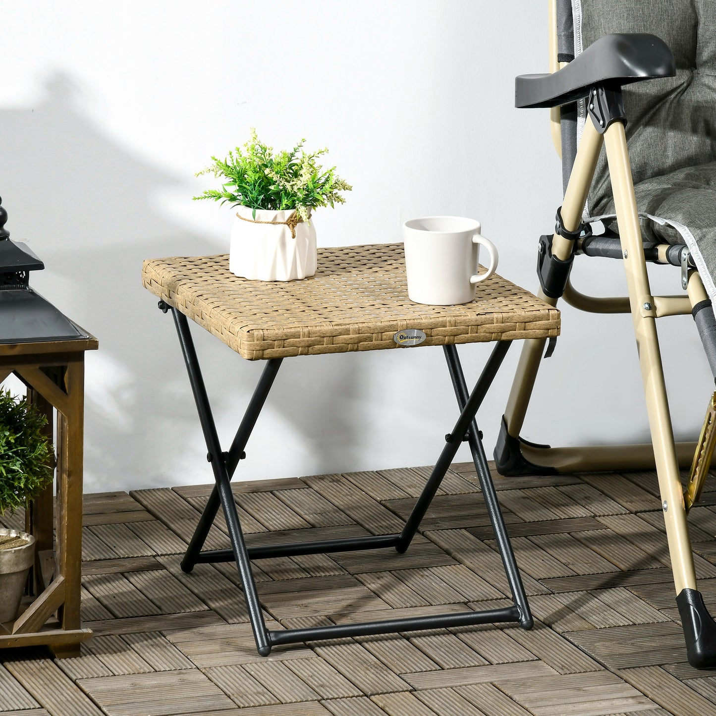 Patio Wicker Coffee Table, Outdoor PE Rattan Garden Folding Side Table, 15.75"x15.75"x15.75", Nature Wood
