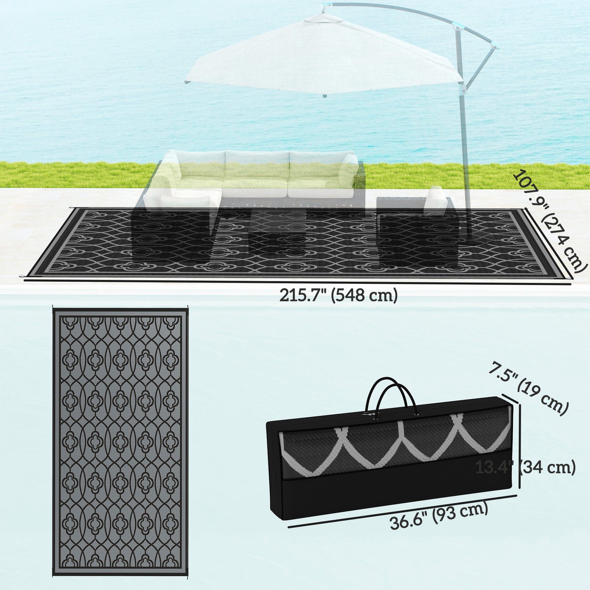 9' x 18' Outdoor RV Rug, Reversible Patio Floor Mat with Carry Bag, Lantern, Black and Grey