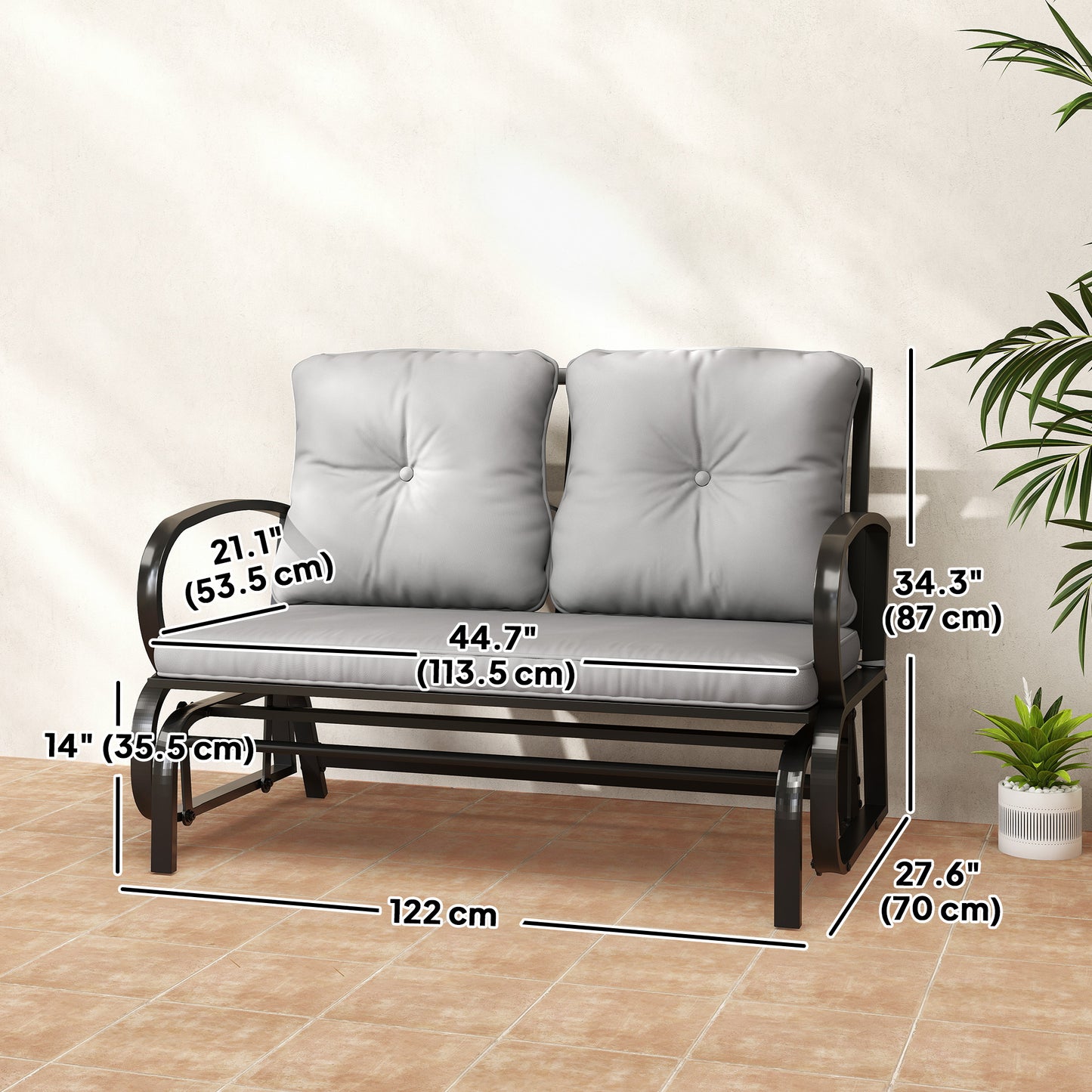 2-Person Outdoor Glider Chair, Patio Double Rocking Loveseat with Steel Frame and Cushions for Backyard, Garden and Porch, Grey
