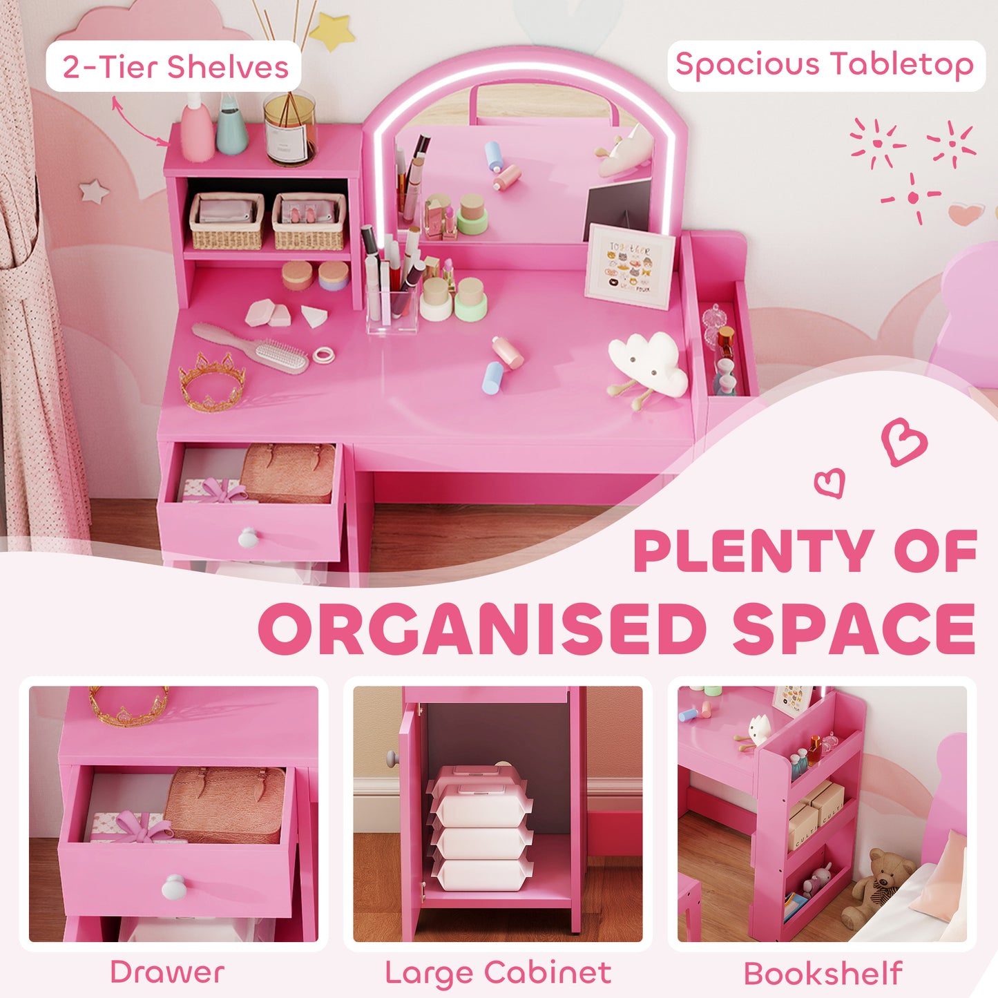 Qaba Kids Vanity Set, Toddler Dressing Table and Chair Set with Lighted Mirror, Cabinet, Drawer and Shelves, Pink