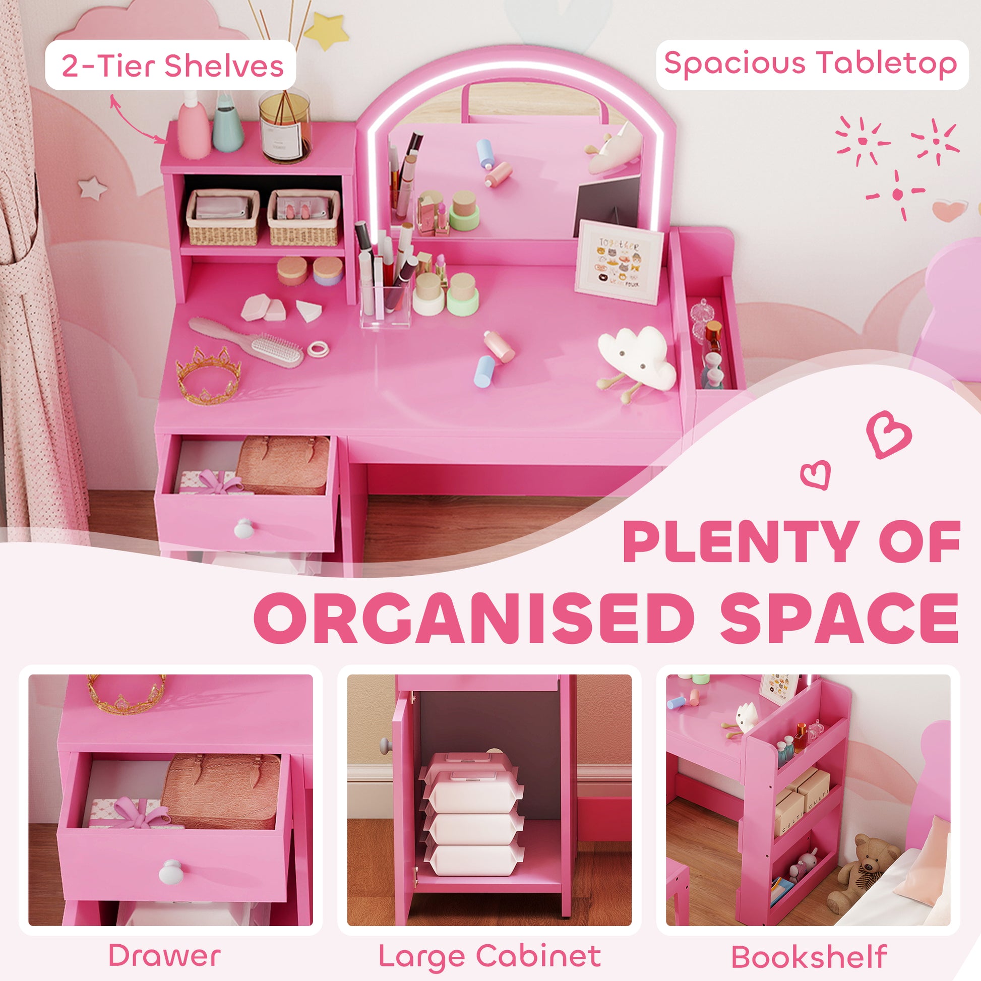 Qaba Kids Vanity Set, Toddler Dressing Table and Chair Set with Lighted Mirror, Cabinet, Drawer and Shelves, Pink
