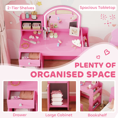 Qaba Kids Vanity Set, Toddler Dressing Table and Chair Set with Lighted Mirror, Cabinet, Drawer and Shelves, Pink