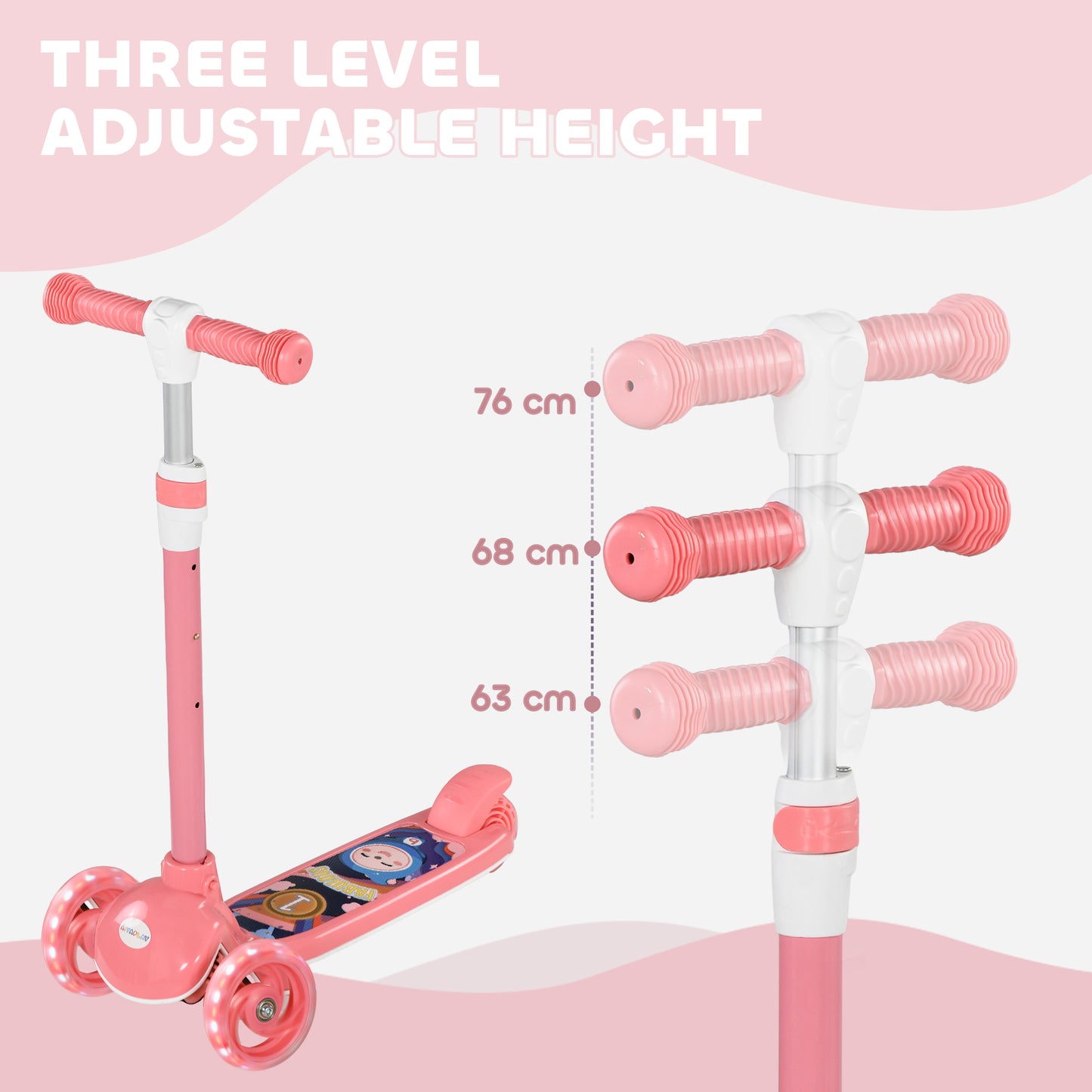Qaba 3 Wheel Kids Scooter, Toddler Kick Scooter with Adjustable Height, Rear-Fender Brake, LED Light, TPE Handlebar, Pink