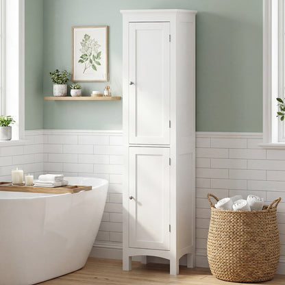 Tall Bathroom Cabinet, Freestanding Storage Organizer with Adjustable Shelves and Cupboards, 15" x 13" x 63", White