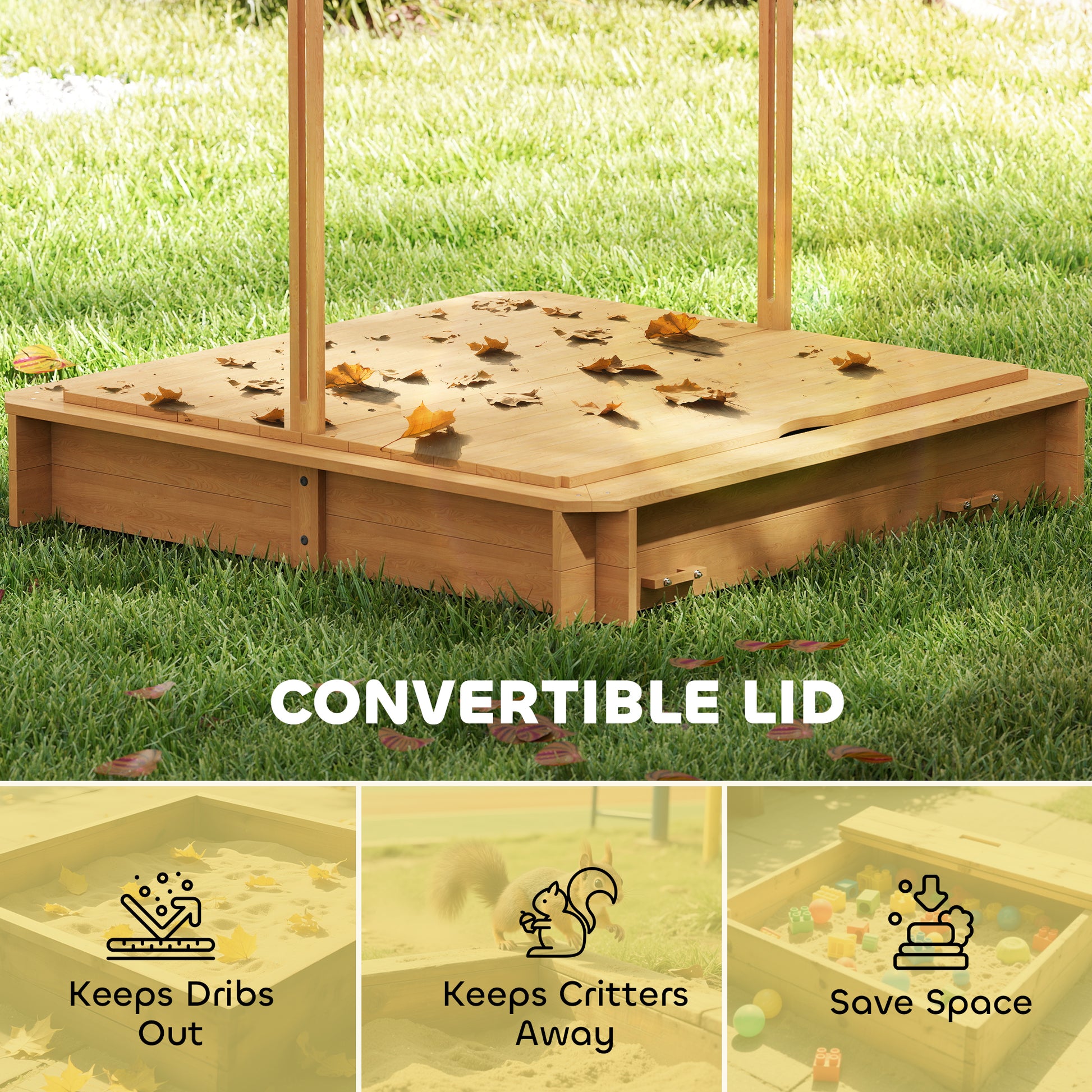 Wooden Kids Sandbox with Cover, Sand Play Station with Foldable Bench Seats and Adjustable Canopy, Light Brown