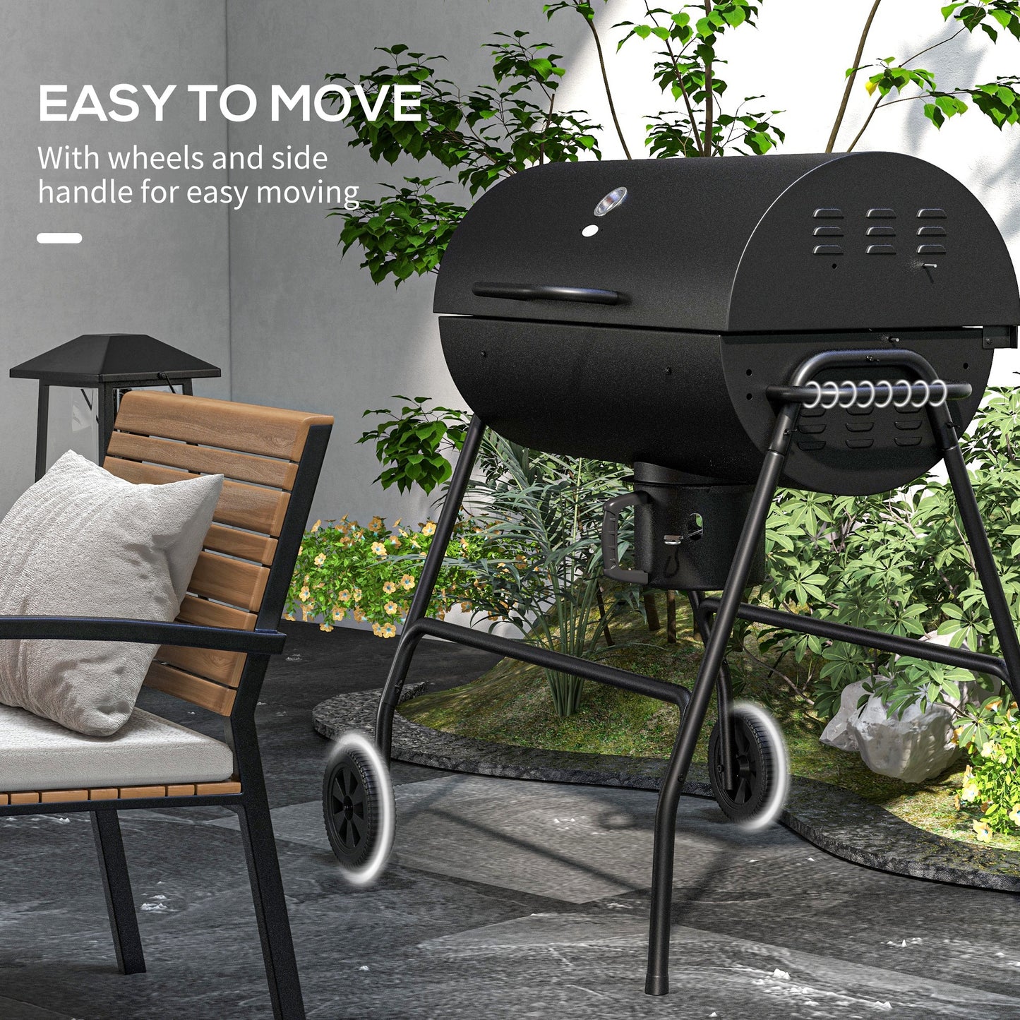 Barrel Charcoal BBQ Smoker, Barbecue with 420 sq.in. Cooking Area, Wheels, Ash Catcher, Black