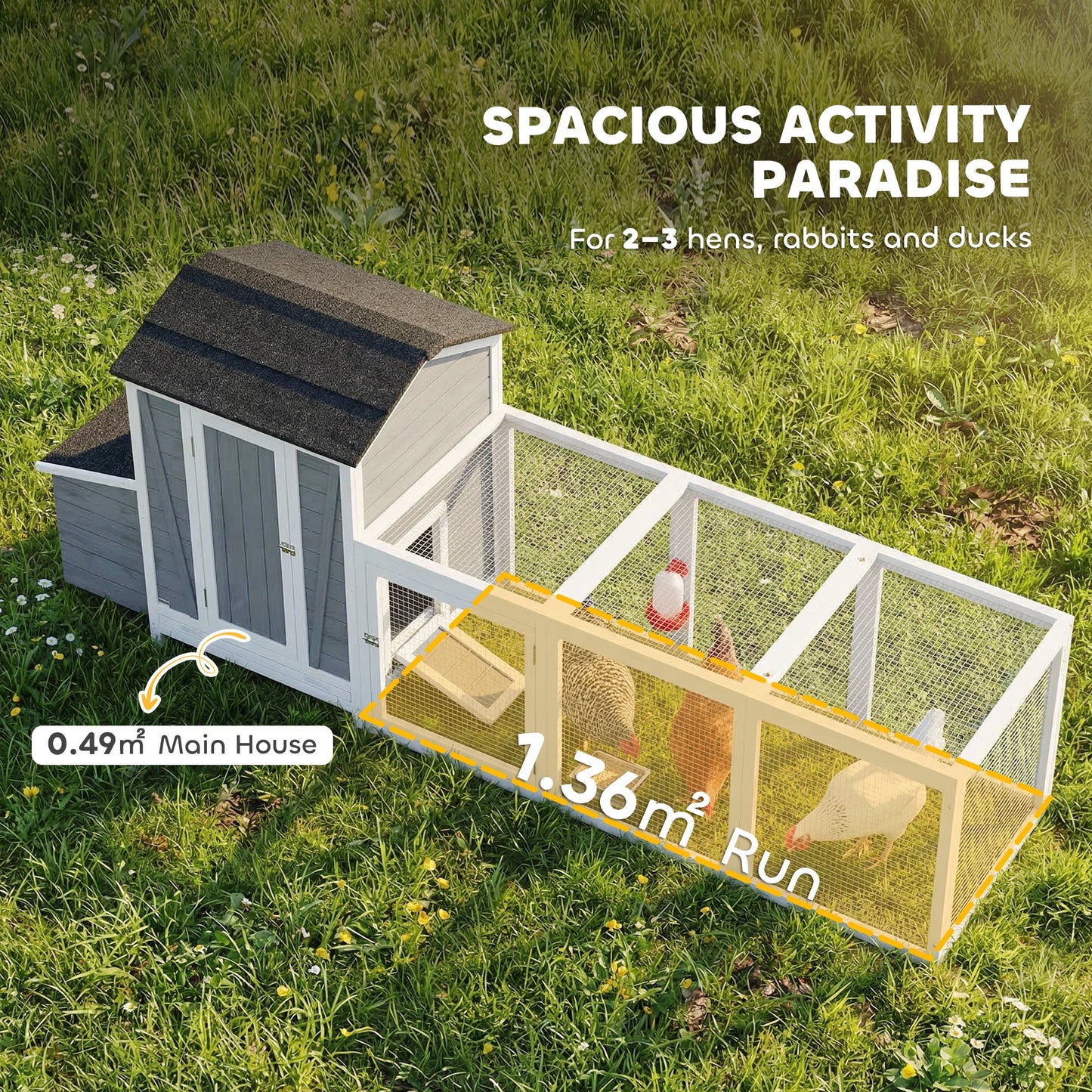 118"L Chicken Coop, Large Wooden Hen House with Run, Pull-Out Tray, Waterproof Roof, Nesting Box, Swing, Roosting Bars