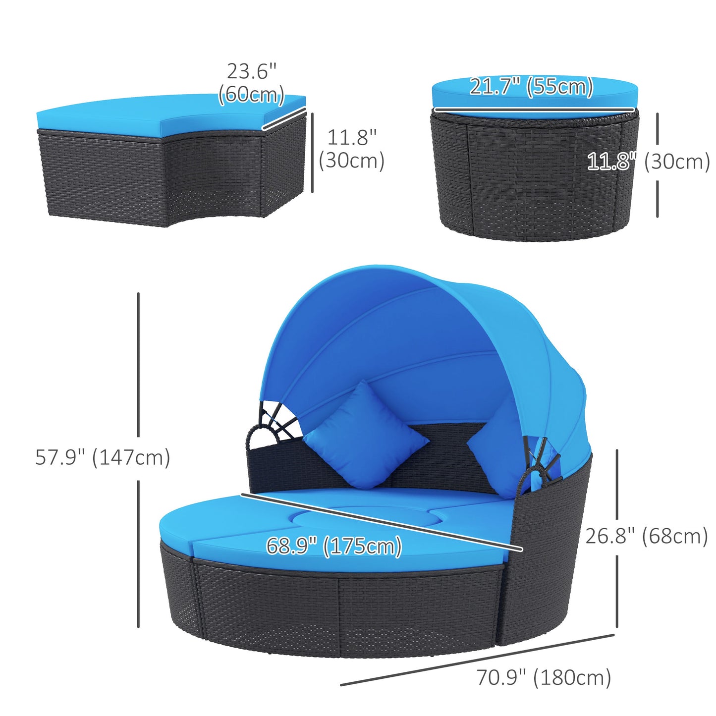 4-piece Round Sofa Bed, Outdoor Daybed with Retractable Canopy, PE Rattan Wicker Patio Lounge Chair