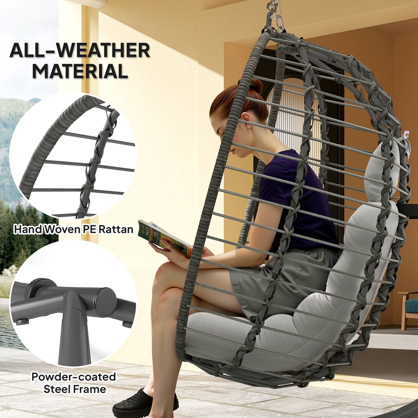 Hanging Egg Chair with Stand, Foldable Wicker Rattan Swing Chair with Thick Cushion, Headrest, Light Grey