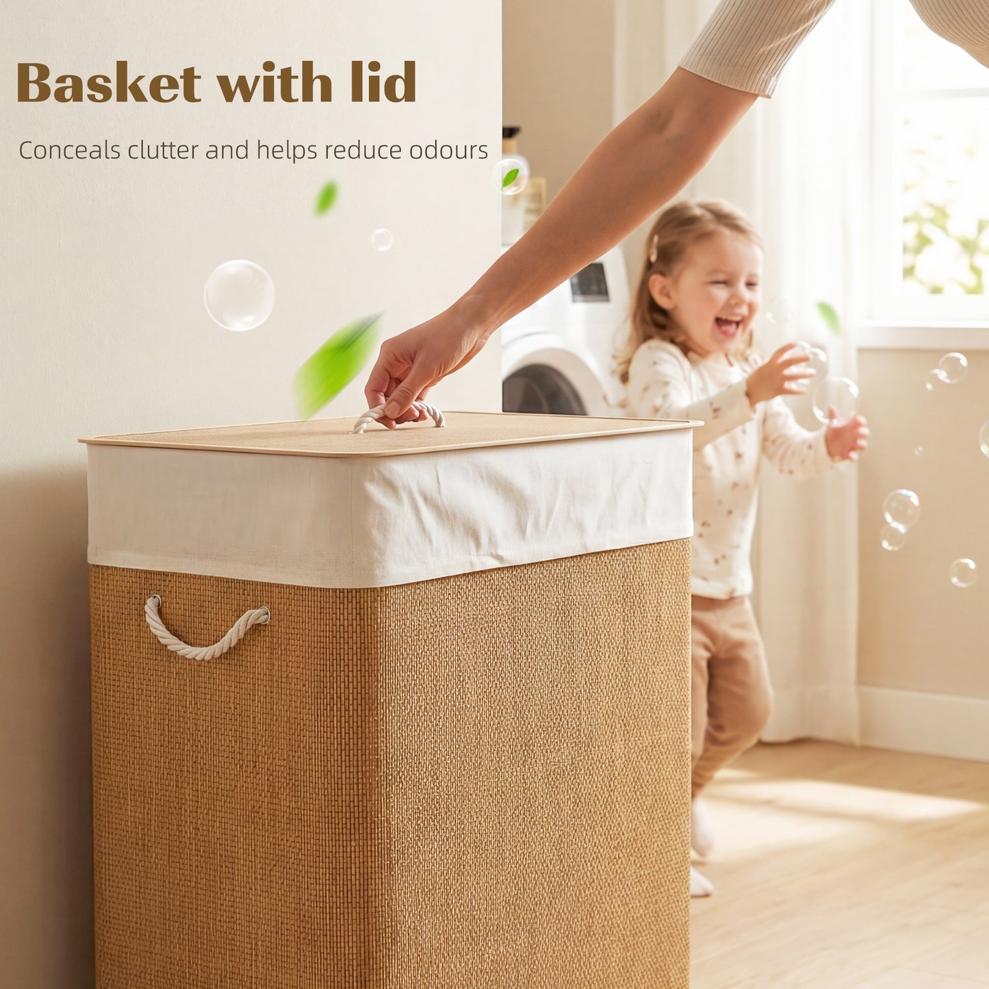 Double Laundry Basket with Lid, 100L Bamboo Laundry Hamper with Rope Handles and Removable Bags, Brown