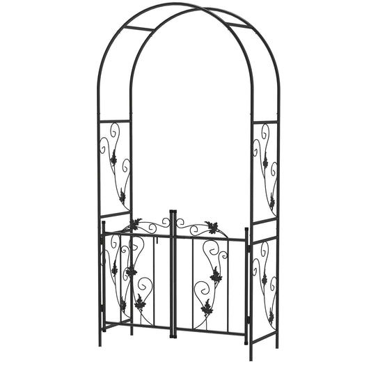 7ft Steel Garden Arch with Gate, Garden Arbor Trellis for Climbing Plants, Roses, Vines, Wedding Arch for Outdoor, Garden, Lawn, Backyard, Black