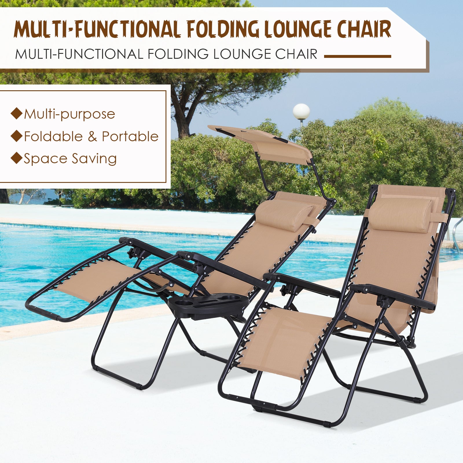 2 Piece Foldable Lounge Chair with Canopy Shade, Outdoor Zero Gravity Chair with Side Tray & Cup Holder, Reclining Lounger with Breathable Mesh Fabric Seat, Pillow, Beige