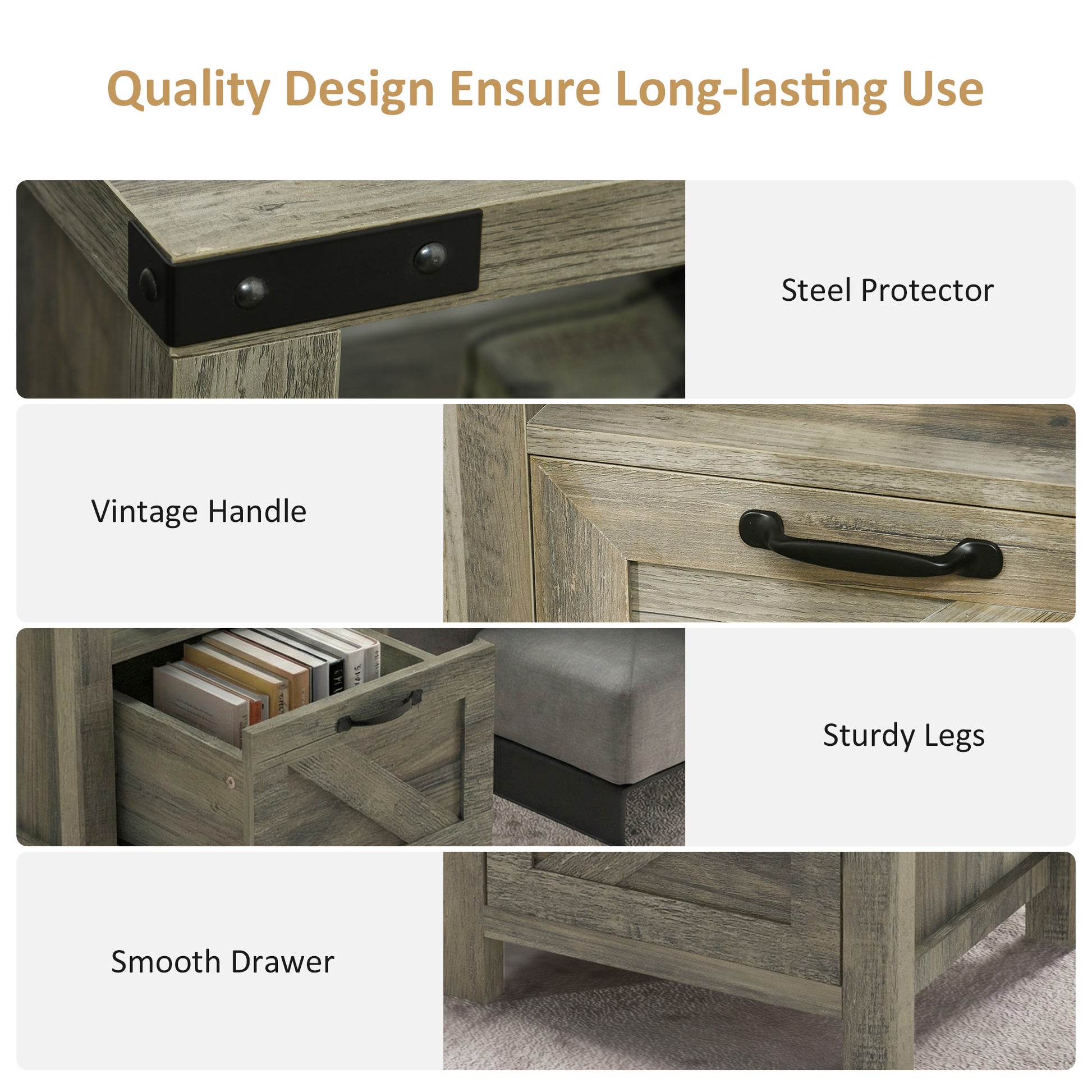 Small Side Table with Storage, Farmhouse End Table with Drawer, Open Shelf and Barn-style Panel, Nightstand for Living Room, Bedroom, Grey