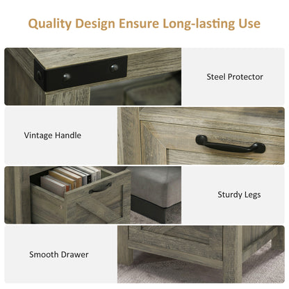 Small Side Table with Storage, Farmhouse End Table with Drawer, Open Shelf and Barn-style Panel, Nightstand for Living Room, Bedroom, Grey