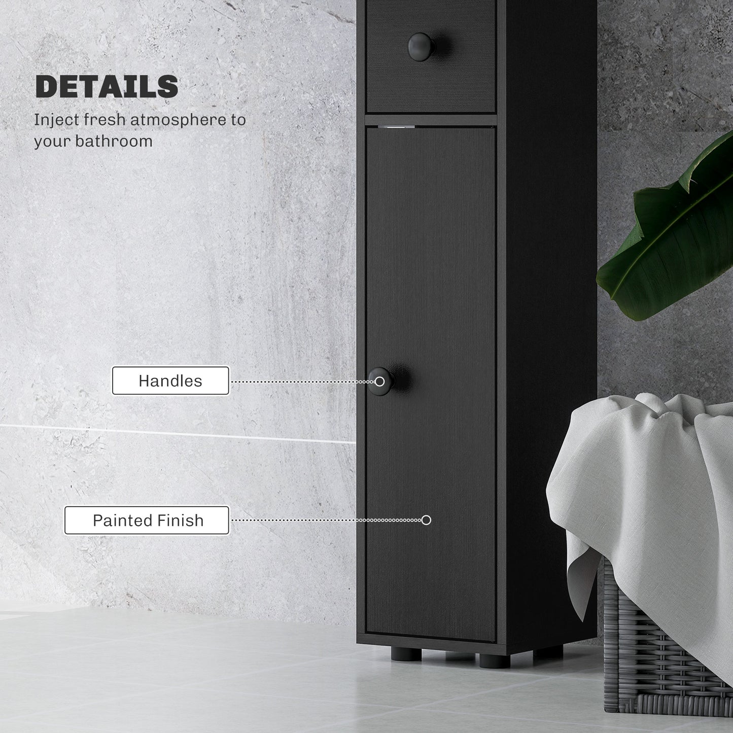 71" Tall Bathroom Cabinet, Narrow Toilet Paper Cabinet with Open Shelves, 2 Door Cabinets, Adjustable Shelves, Black