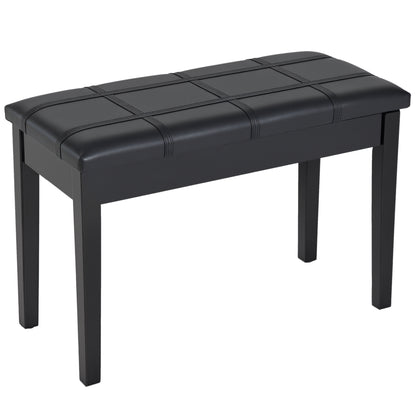 Classic Piano Bench Stool, PU Leather Padded Keyboard Seat with Rubber Wood Legs and Music Storage Compartment, Banded Seat, Black