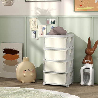 Qaba 4 Tier Kids Toy Organizer and Storage Bins with 4 Plastic Drawers, Cream White