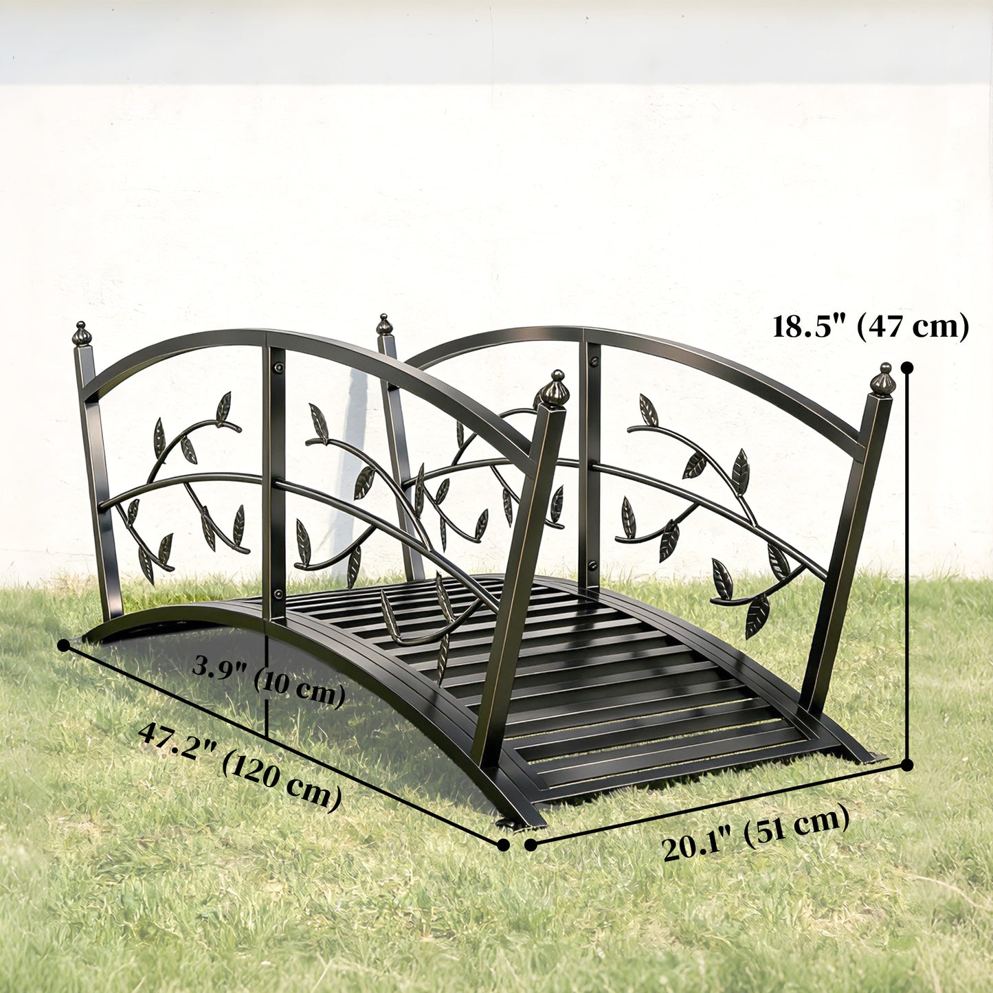 4 FT Metal Garden Bridge with Safety Railings, Outdoor Pond Bridge, Arch Decorative Footbridge for Creek Stream