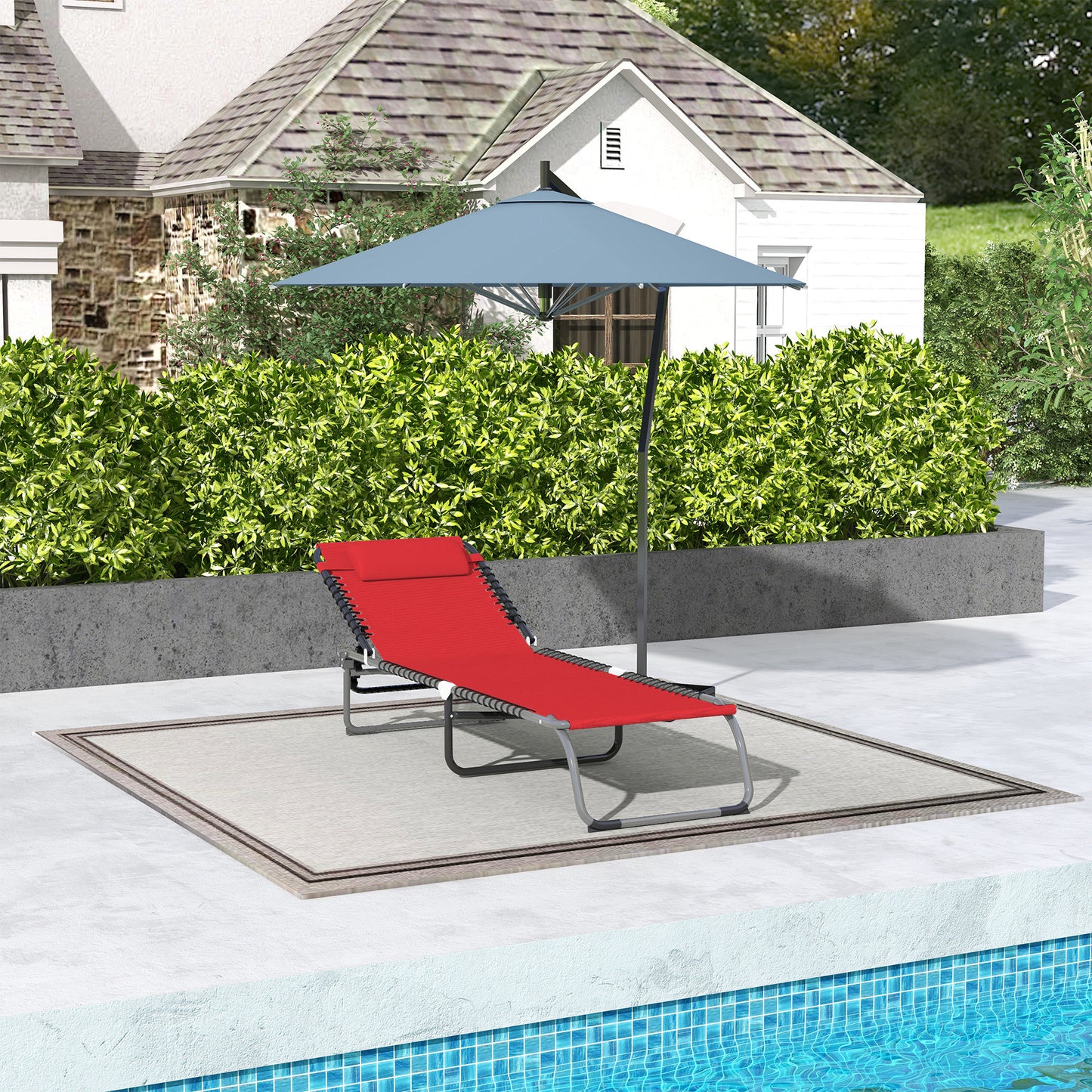 Outdoor Folding Lounge Chair, 4-Level Adjustable Chaise Lounge with Headrest, Tanning Chair Beach Bed Reclining Lounger Cot for Camping, Hiking, Backyard, Wine Red