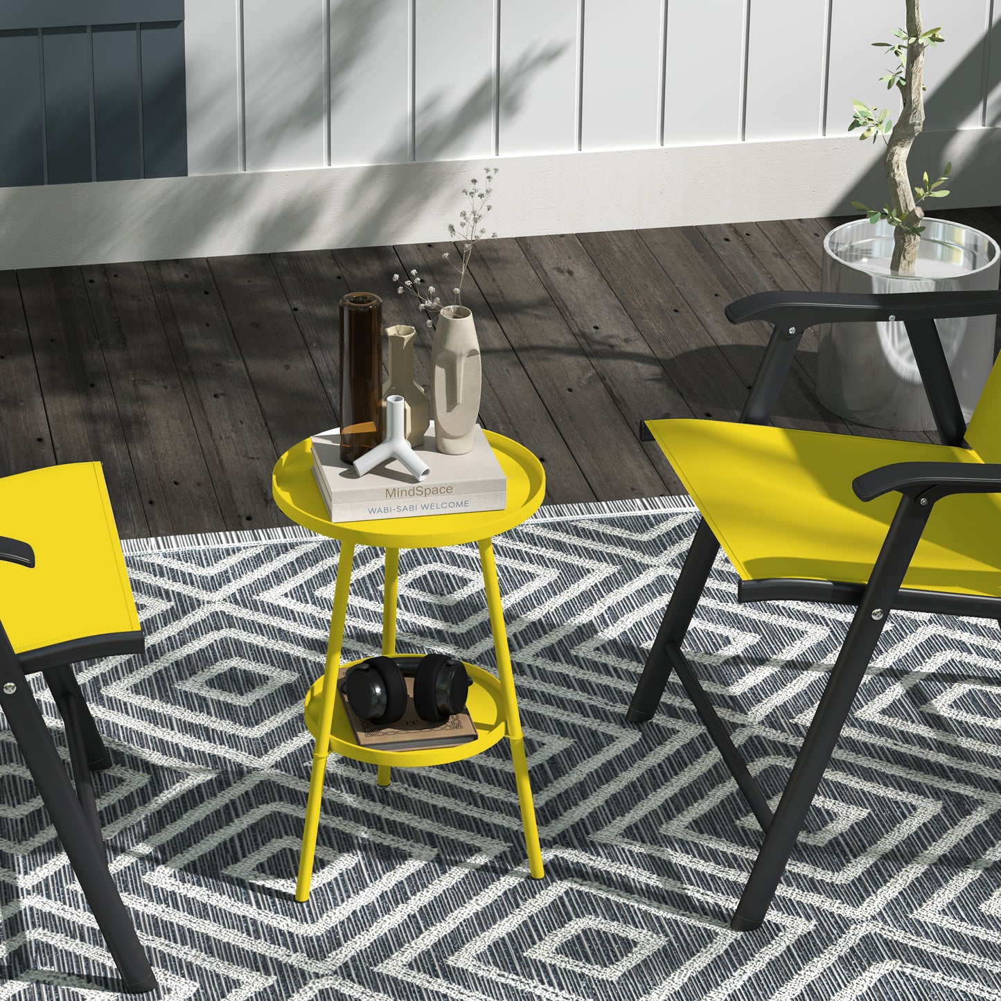 Round Garden Table, 2-Tier Small Side Table, Metal Patio Table Coffee Table Dining Table, Yellow