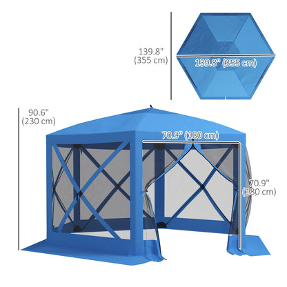 12' x 12' Hexagon Automatic Pop Up Screen Tents, Camping Shelter w/ Mesh Sidewalls and Carry Bag Blue
