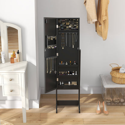 Free Standing Armoire Organizer, Lighted Mirrored Jewelry Cabinet w/ Angle Adjustable & 16 LED Lights Black