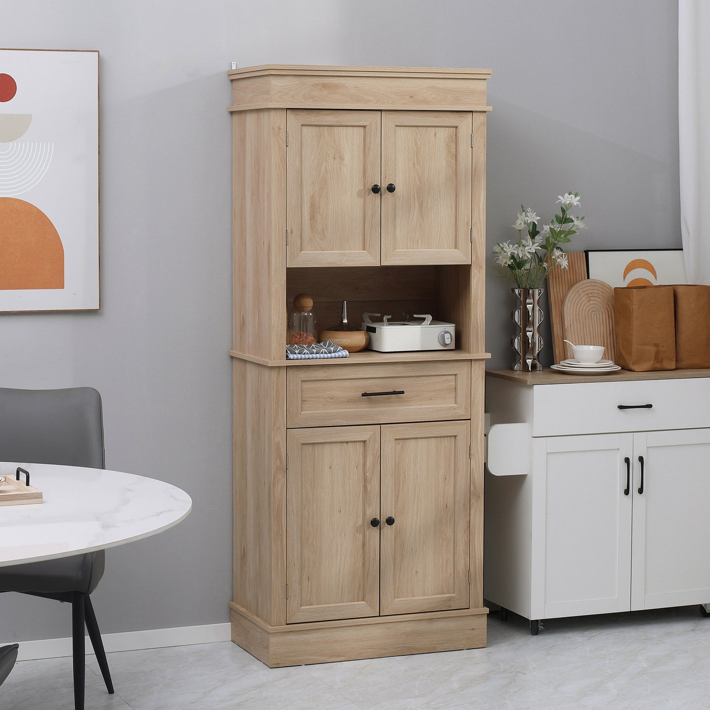 Modern Freestanding Kitchen Pantry Cabinet with Doors Open Shelves Adjustable Shelving Microwave Space, Oak