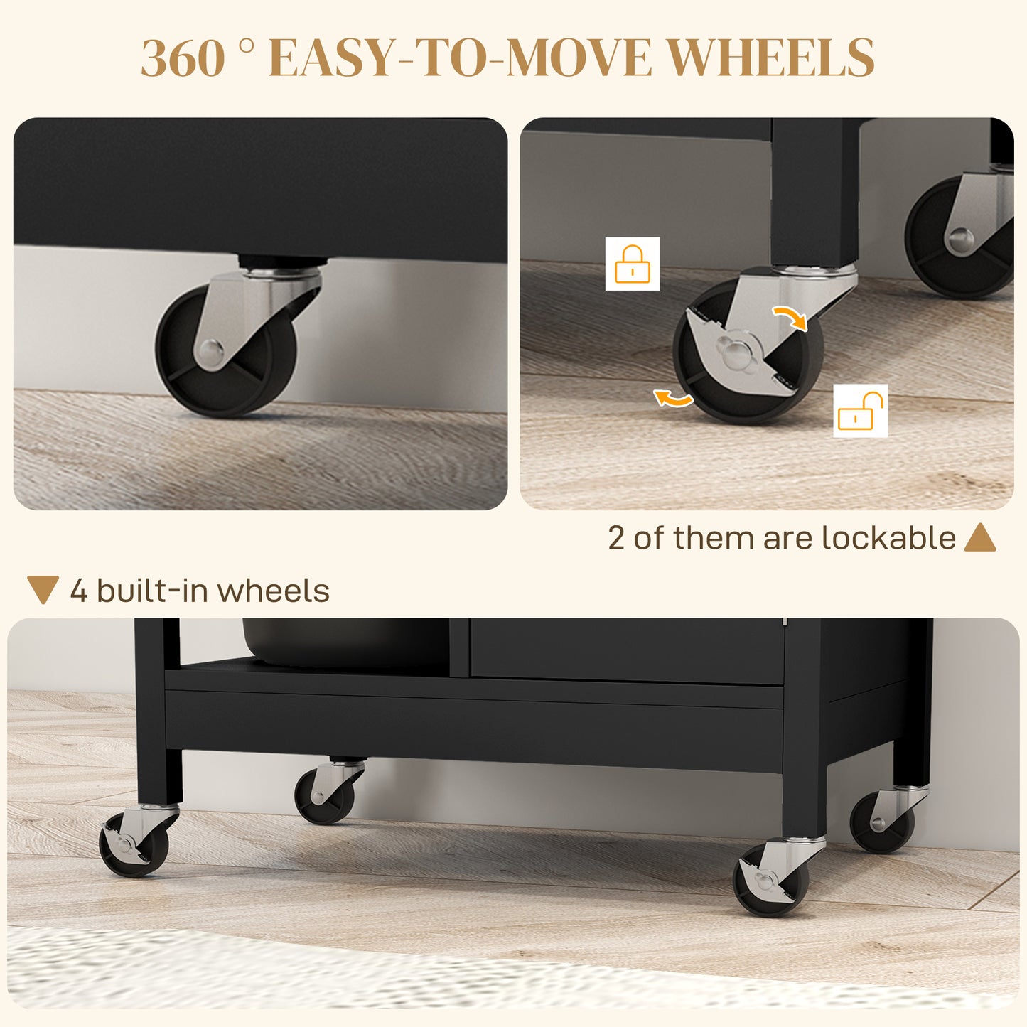 Modern Rolling Kitchen Island Cart with Drawer, Natural Wood Top, Towel Rack, Door Storage Cabinet, Black