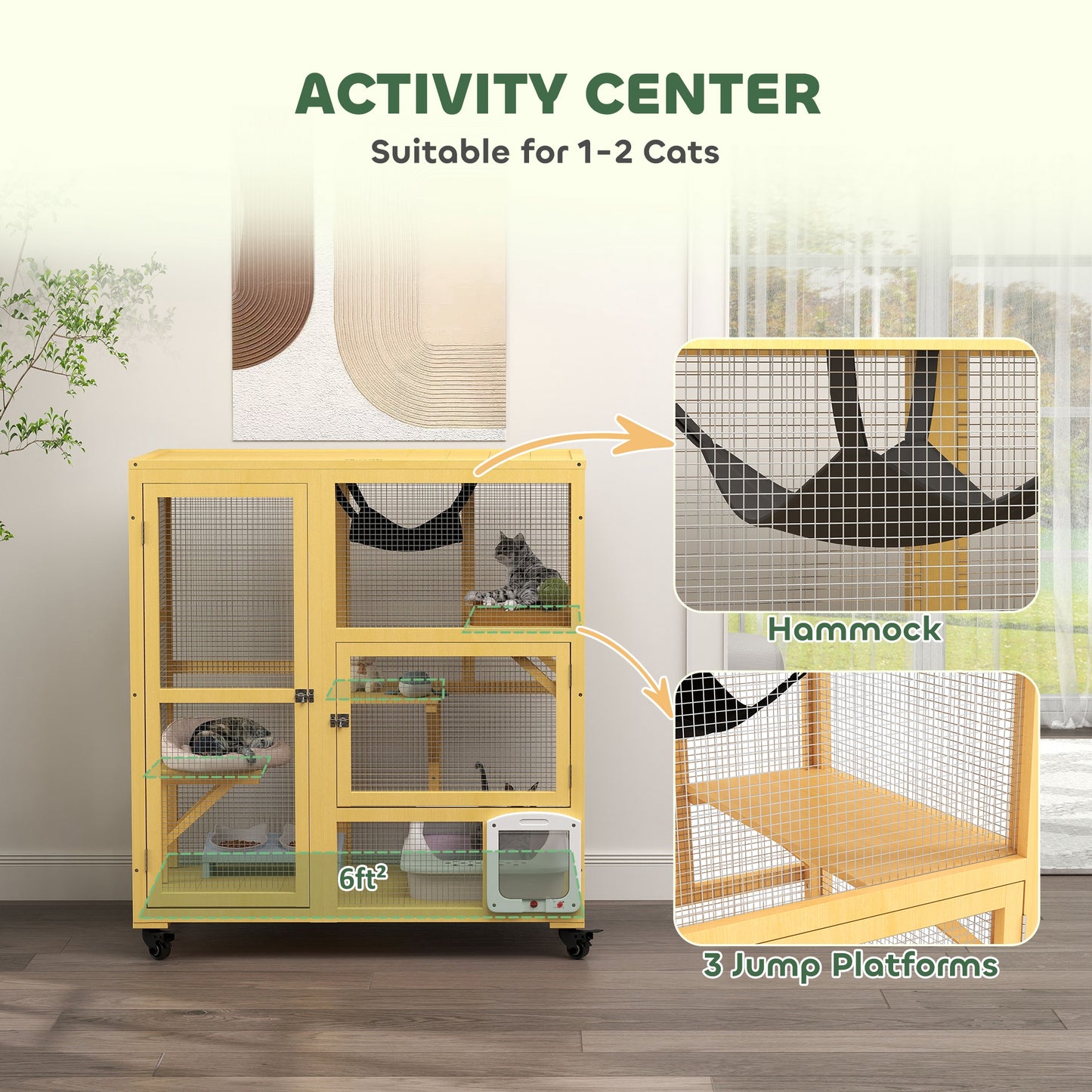 Cat Condo Wooden Indoor Cat House on Wheels with Cat Flap Door Platforms Hammock Openable Top for 2 Cats, Yellow
