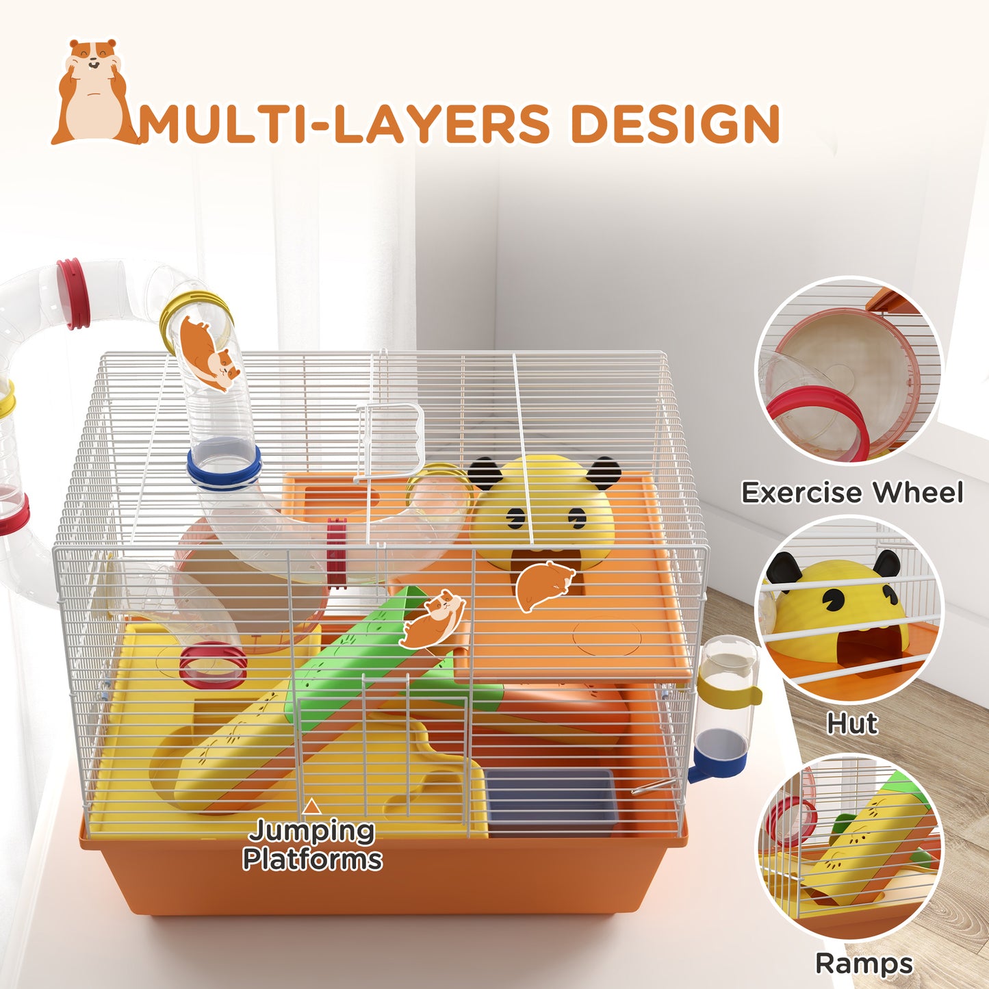 3 Tiers Hamster Cage for Gerbil, Dwarf Hamster with Tunnels, Water Bottle, Exercise Wheel, 18" x 11" x 15" - Orange