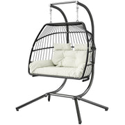 Double Wicker Egg Swing Chair with Stand, Foldable Hanging Egg Chair with UV Resistant Cushion, Headrest, Cream White