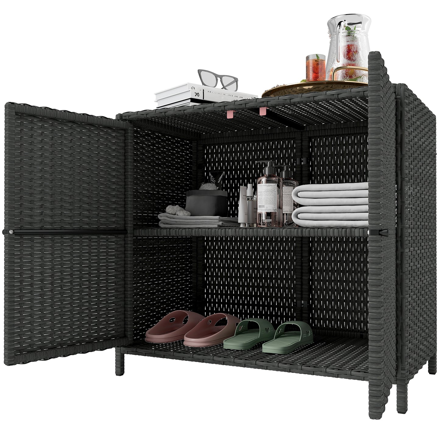 Wicker Outdoor Storage Cabinet Double Magnetic Doors, PE Rattan Outdoor Towel Rack for Pool, Patio, Dark Grey
