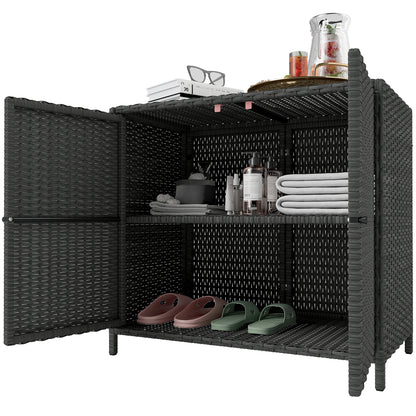 Wicker Outdoor Storage Cabinet Double Magnetic Doors, PE Rattan Outdoor Towel Rack for Pool, Patio, Dark Grey