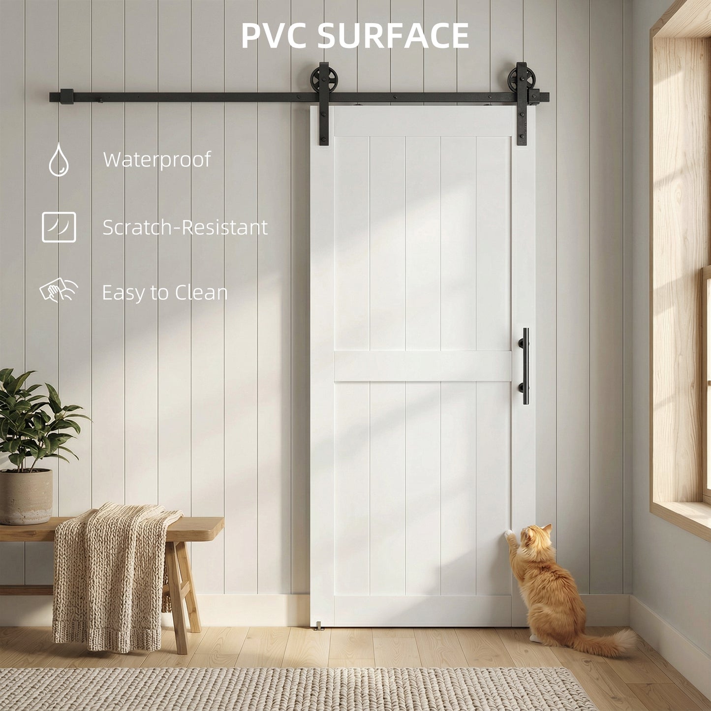 32inx84in Barn Door with 6FT Sliding Door Hardware Kit, Handle, Upgraded Rollers and Floor Guide, Waterproof, White