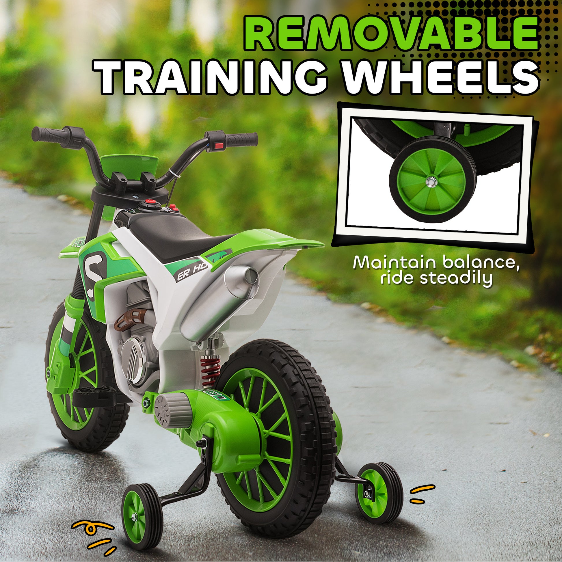 Aosom Kids Dirt Bike Battery-Powered Ride-On Electric Motorcycle with Charging 12V Battery, Training Wheels Green