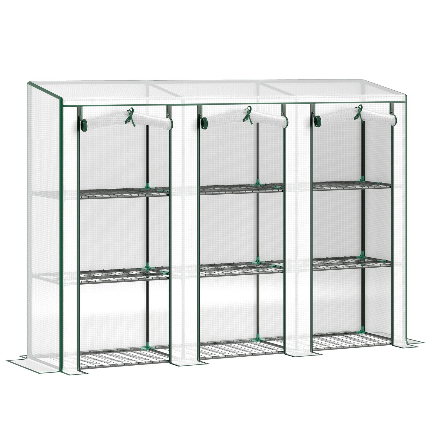 Lean-to Greenhouse with 3 Tier Shelves, Mini Greenhouse with 3 Roll-Up Doors for Indoor Outdoor, White