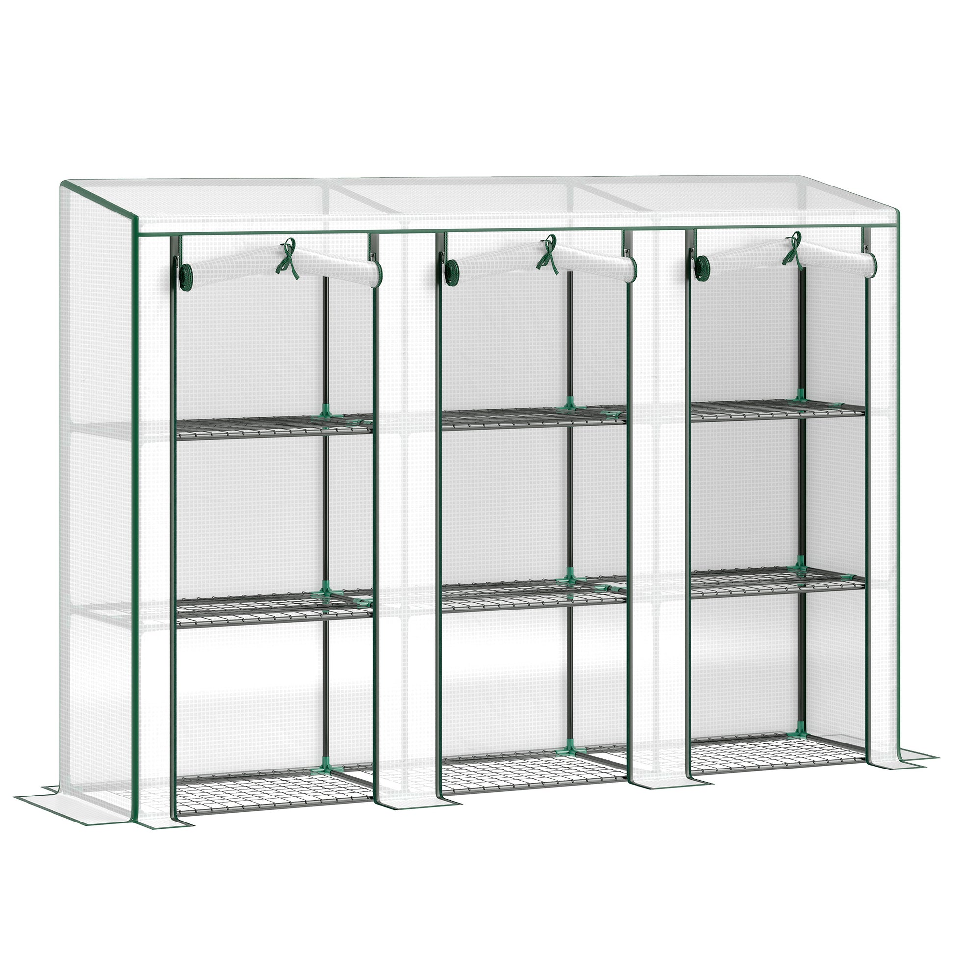 Lean-to Greenhouse with 3 Tier Shelves, Mini Greenhouse with 3 Roll-Up Doors for Indoor Outdoor, White