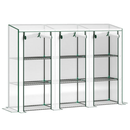 Lean-to Greenhouse with 3 Tier Shelves, Mini Greenhouse with 3 Roll-Up Doors for Indoor Outdoor, White