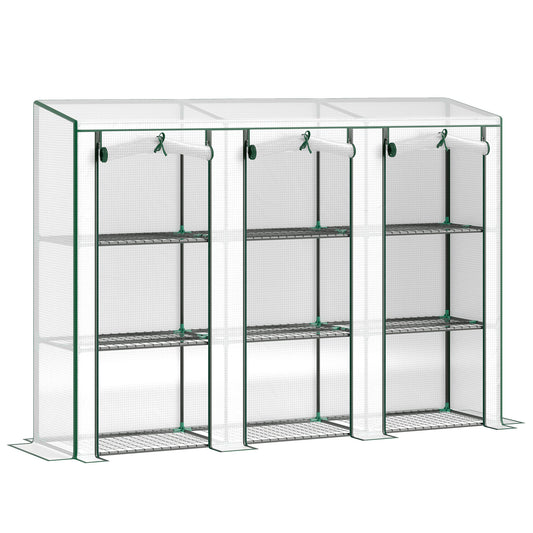 Lean-to Greenhouse with 3 Tier Shelves, Mini Greenhouse with 3 Roll-Up Doors for Indoor Outdoor, White