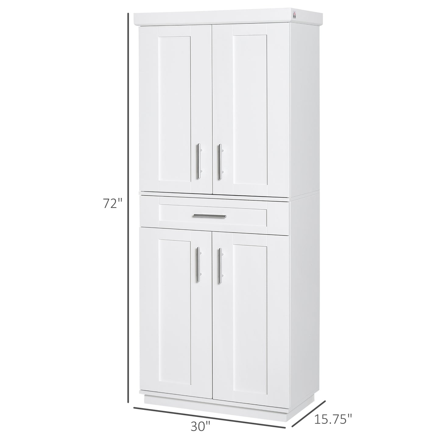 72" Storage Cabinet, Freestanding Kitchen Pantry Cabinet with 4 Doors, Drawer and 3 Adjustable Shelves, White
