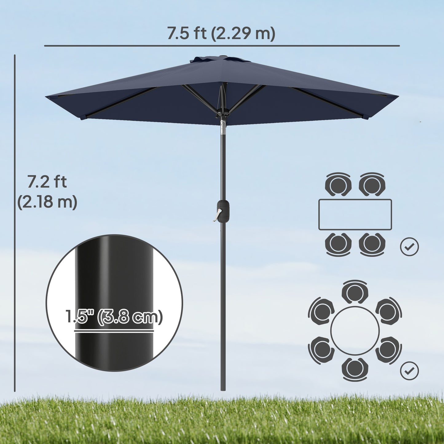 Patio Sun Umbrella, Outdoor Parasol with 6 Ribs, Blue