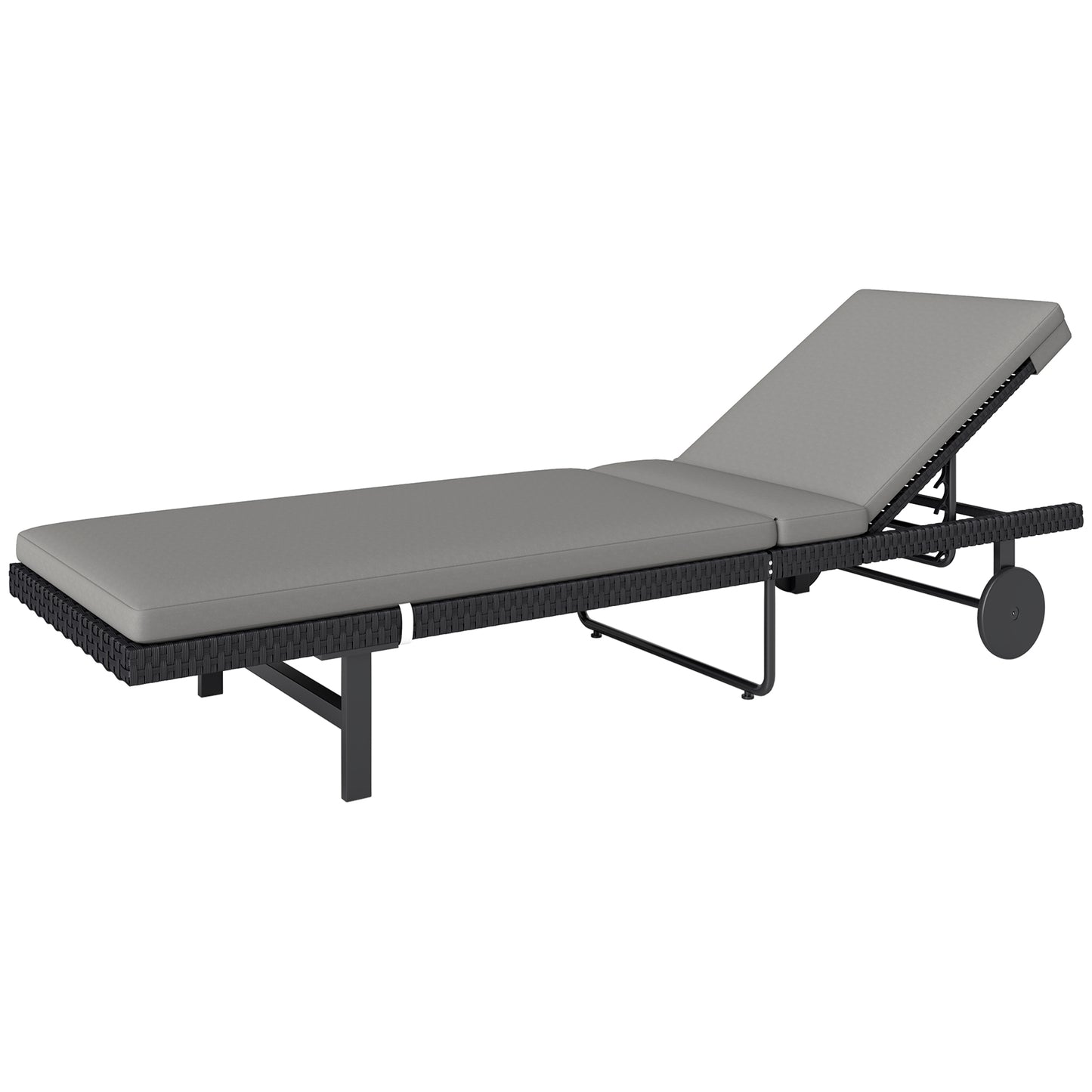 PE Rattan Tanning Chair, Outdoor Patio Lounger with 5-Level Adjustable Back, Wheels and Cushion, Grey