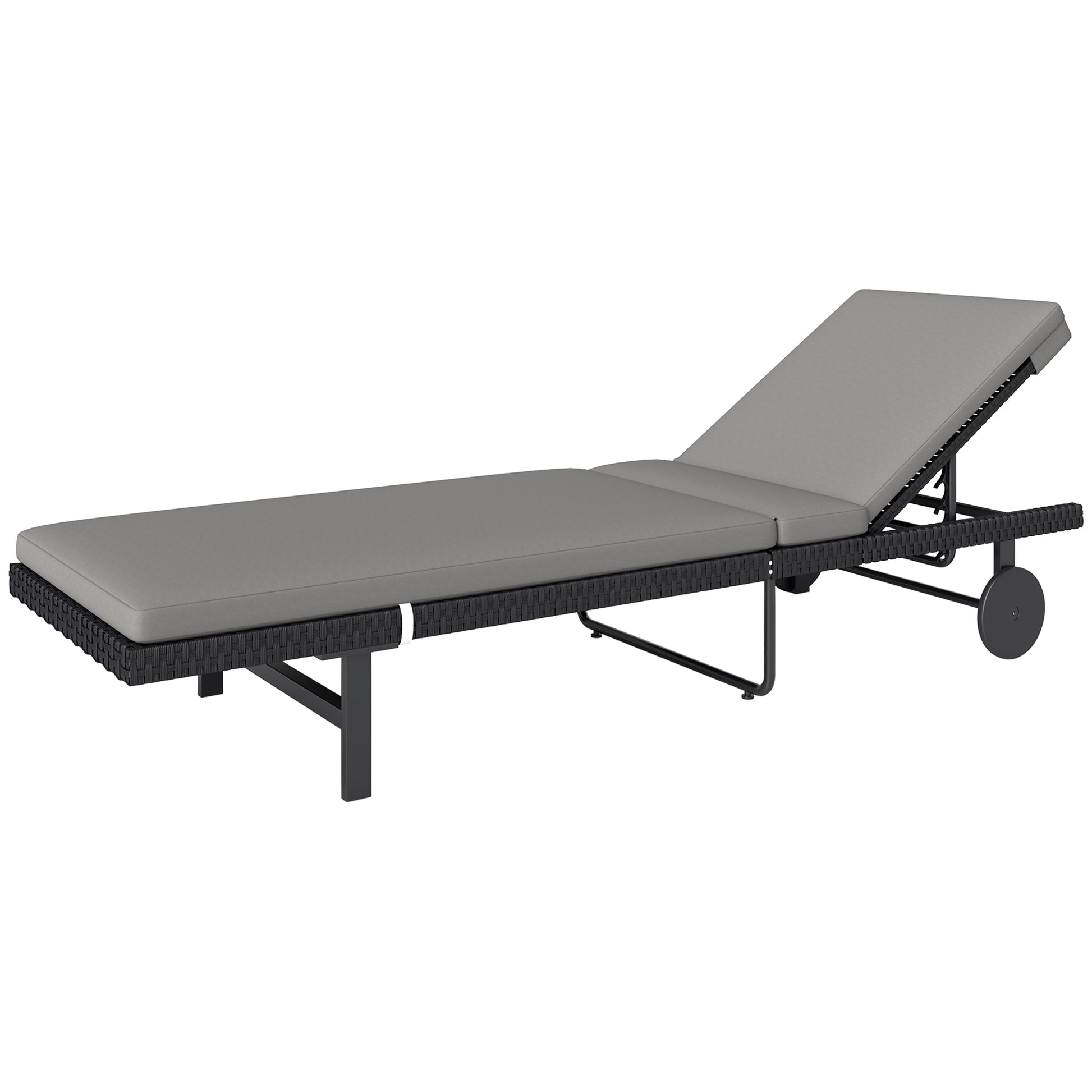 PE Rattan Tanning Chair, Outdoor Patio Lounger with 5-Level Adjustable Back, Wheels and Cushion, Grey