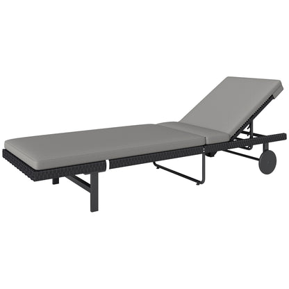 PE Rattan Tanning Chair, Outdoor Patio Lounger with 5-Level Adjustable Back, Wheels and Cushion, Grey