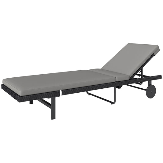 PE Rattan Tanning Chair, Outdoor Patio Lounger with 5-Level Adjustable Back, Wheels and Cushion, Grey